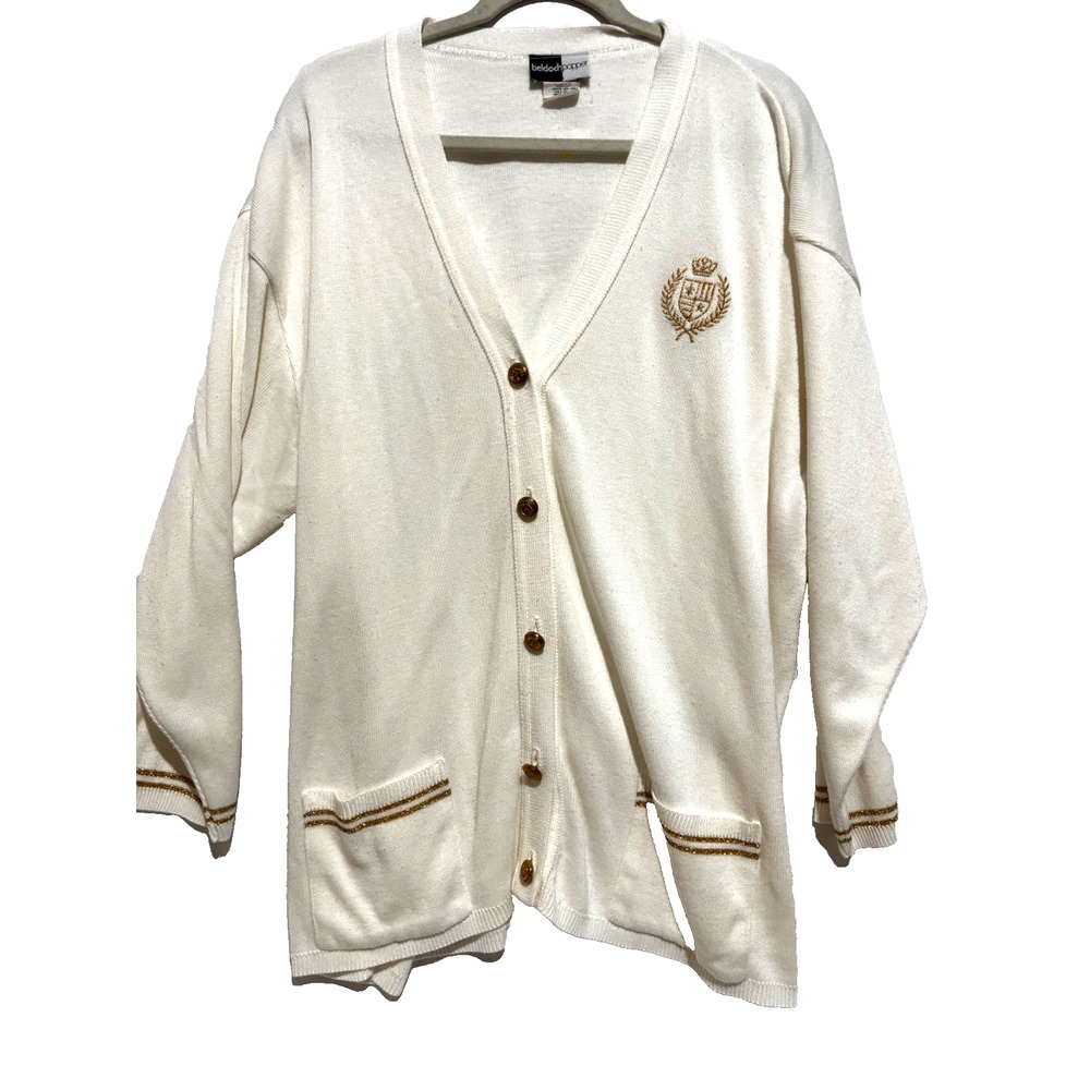 Vintage 90's cream Gold Crest Cardigan‎ Sweater Women's sz 2x academia preppy